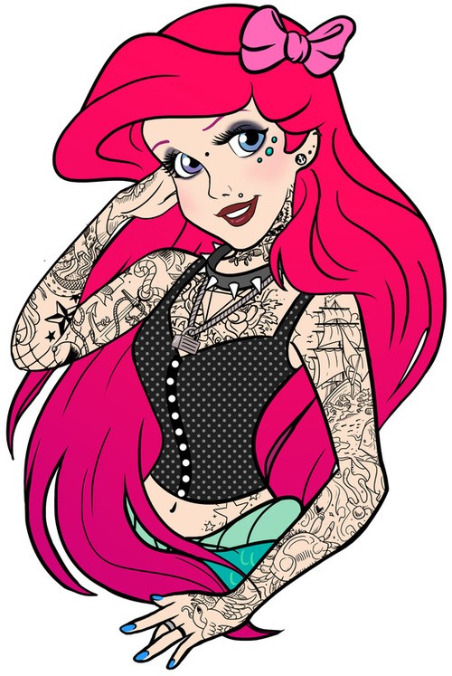 Cool colored animated punk mermaid portrait tattoo design