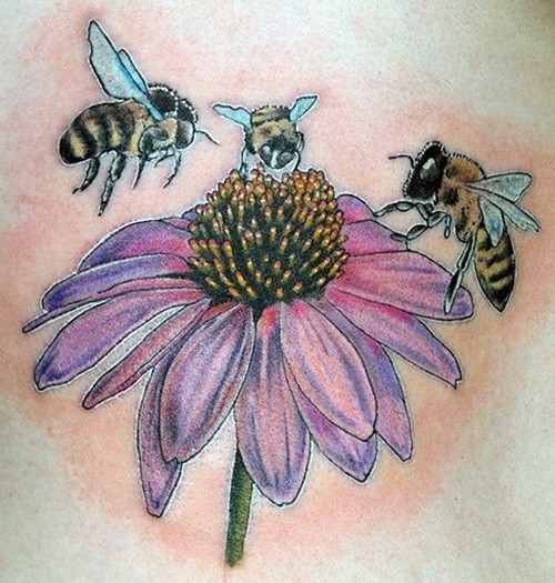 Cool colorful aster flower with bees tattoo