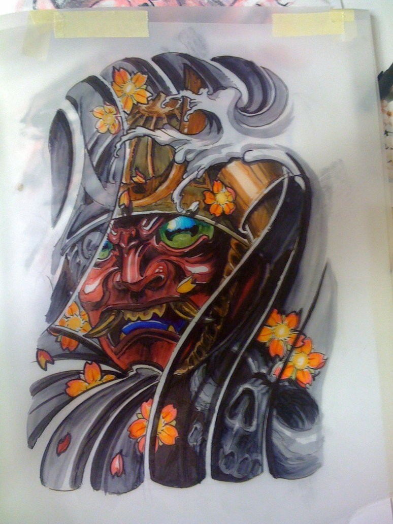 Cool colorful demon samurai with orange cherry blossom tattoo design