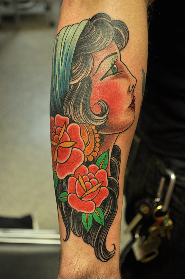 Cool colorful gypsy girl tattoo for guys on forearm