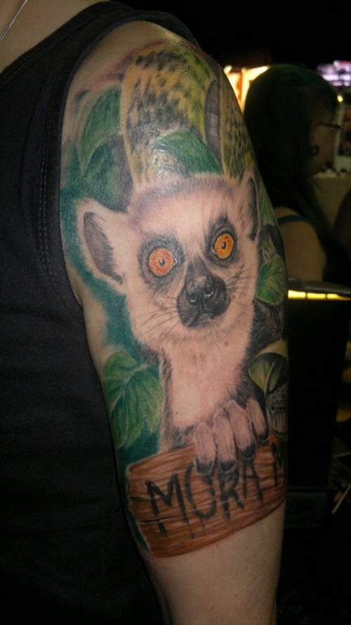 Cool colorful lemur with wooden table in tropical leaves tattoo on upper arm