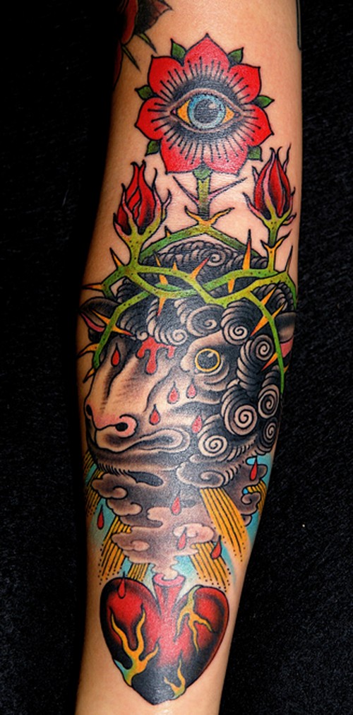 Cool colorful old-school sheep head with eyed flower and heart tattoo