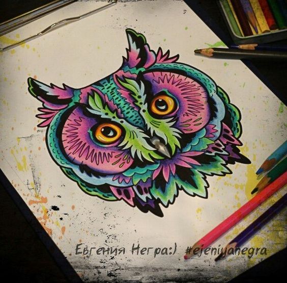 Cool colorful owl head tattoo design