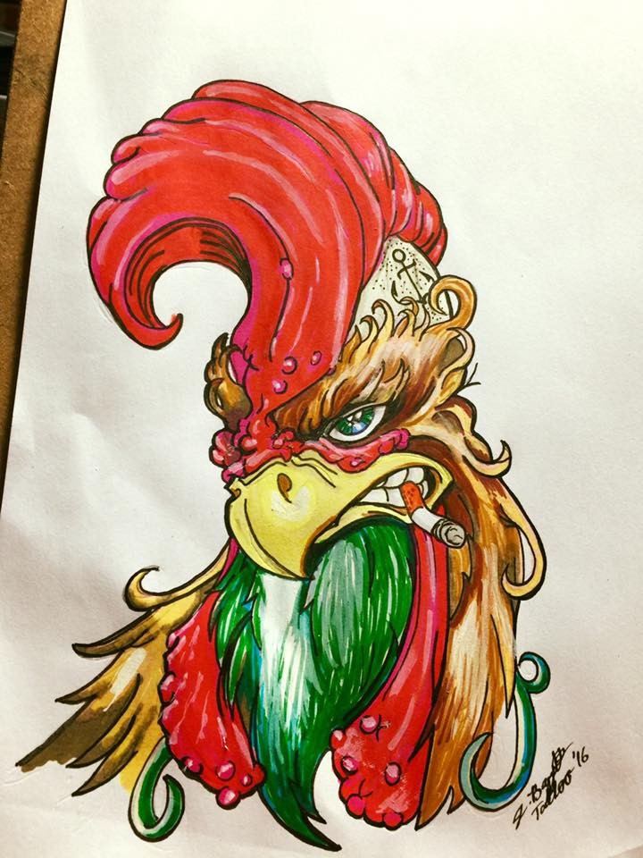 Cool colorful rooster smoking a sigarette tattoo design by Punch Line
