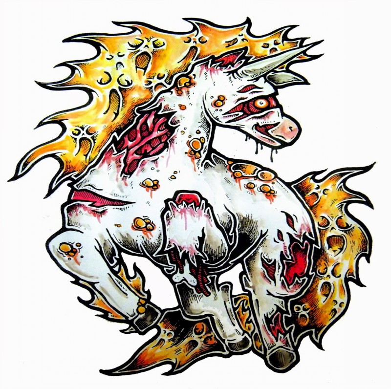 Cool colorful zombie unicorn with golden mane tattoo design