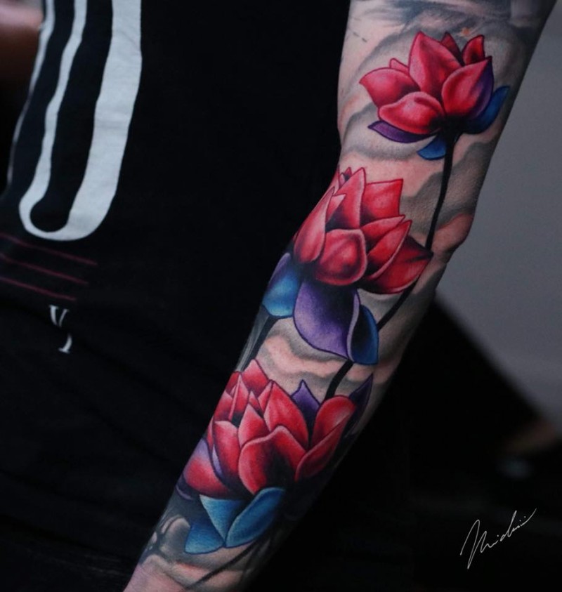 Cool colorfull flowers tattoo on arm