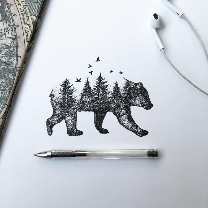 Cool dotwork bear with wood pattern tattoo design