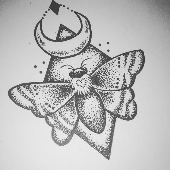 Cool dotwork butterfly sitting on rhombus and a moon tattoo design