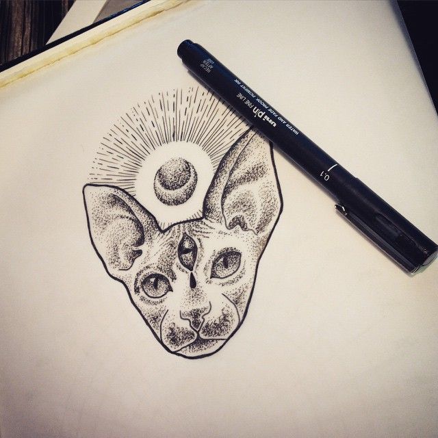 Cool dotwork cat muzzle with shining moon background tattoo design