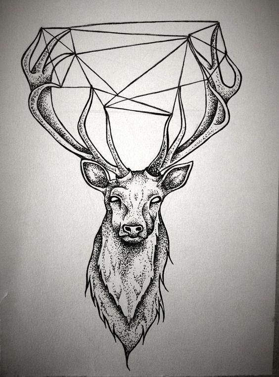 Cool dotwork deer with geometric net in horns tattoo design