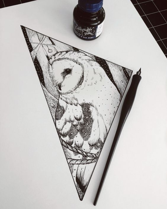 Cool dotwork owl in triangle figure tattoo design