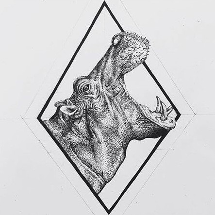 Cool dotwork roaring hippo in rhombus frame tattoo design