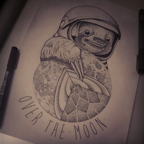 Cool dotwork sloth cosmonaut with Earth model tattoo design