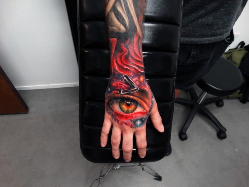 Cool eye in space tattoo on wrist