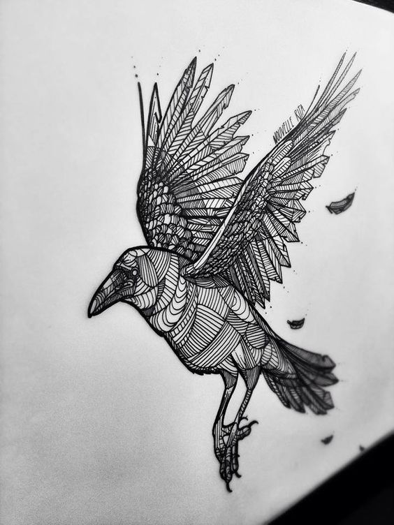 Cool geometric-line flying raven tattoo design