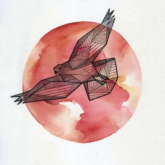Cool geometric flying eagle on red watercolor moon background tattoo design