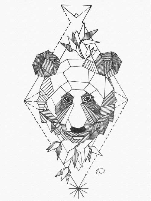 Cool geometric panda face on rhombus background tattoo design