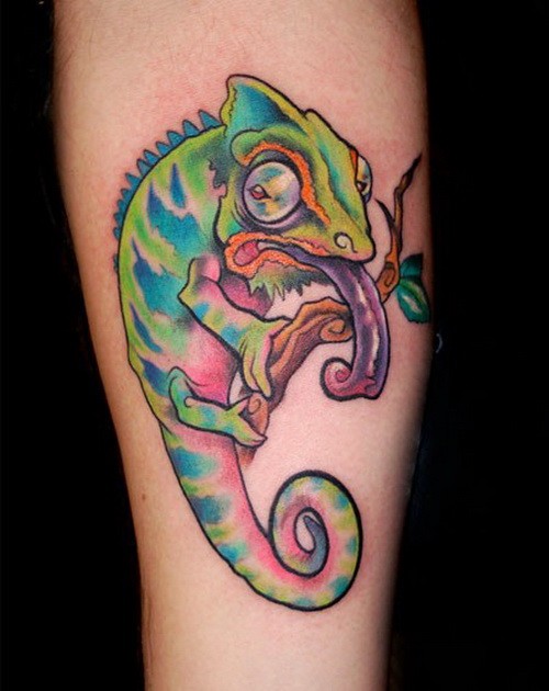 Cool girly bright-colored chameleon tattoo on arm