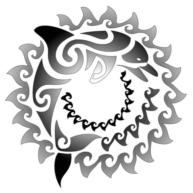 Cool grey-and-black maori dolphin in fire-stylized circles tattoo design