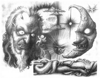 Cara de demônio de tinta cinza legal com design de tatuagem de meia lua mal