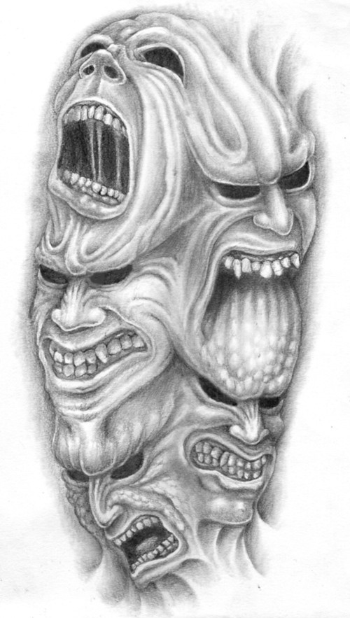 Cool grey-ink demon heads eating each other tattoo design