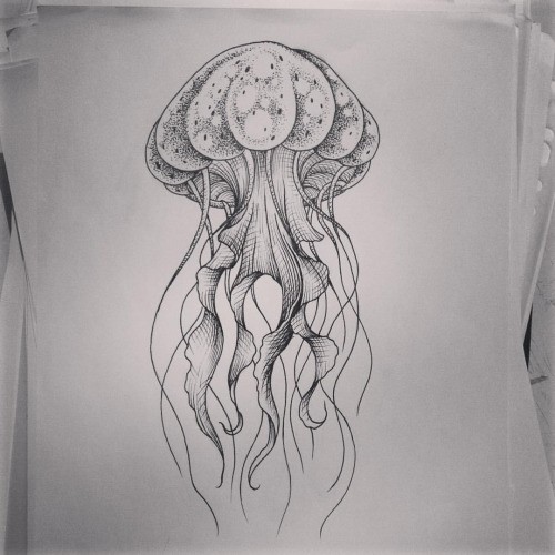 Cool grey-ink jellyfish with big dotwork head tattoo design