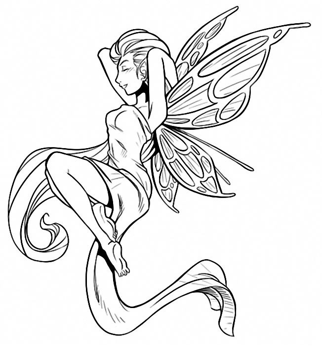 Cool grey-ink sleeping fairy tattoo design