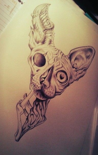 Design de tatuagem de retrato de gato zumbi de tinta cinza legal