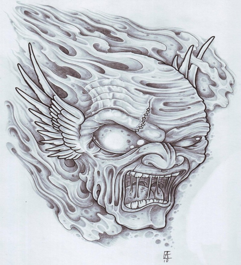 Cool grey demon with blind eyes and angel winged ears tattoo design