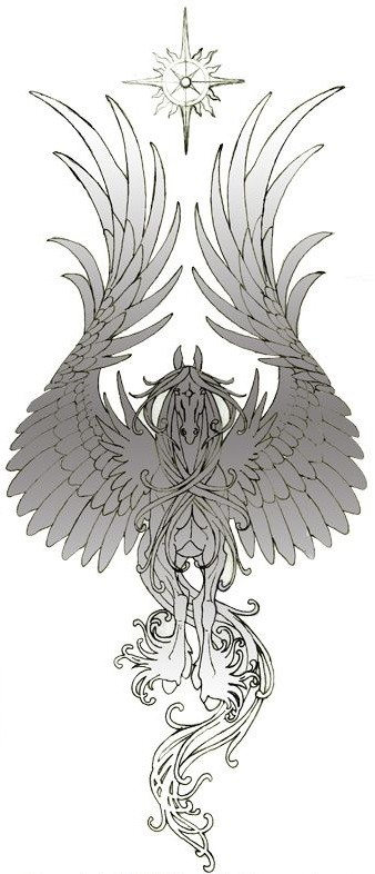 Cool grey pegasus with huge wings and decorative details tattoo design
