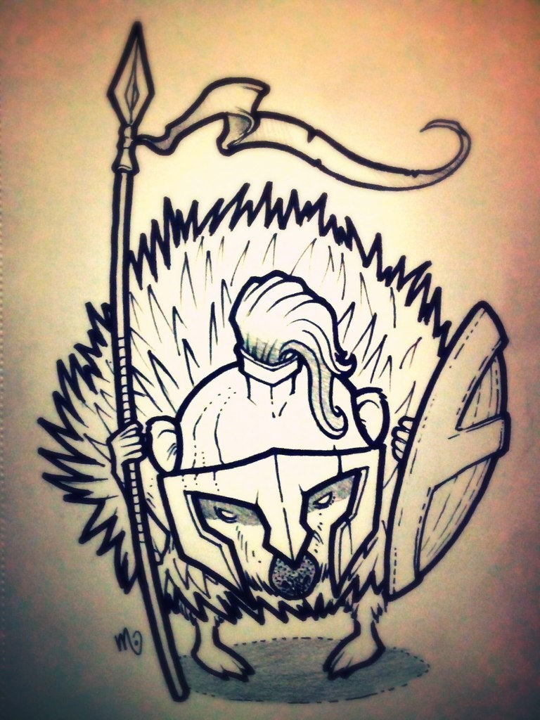 Cool hedgehog warrior in helmet with spear tattoo design by Taylor Weaved