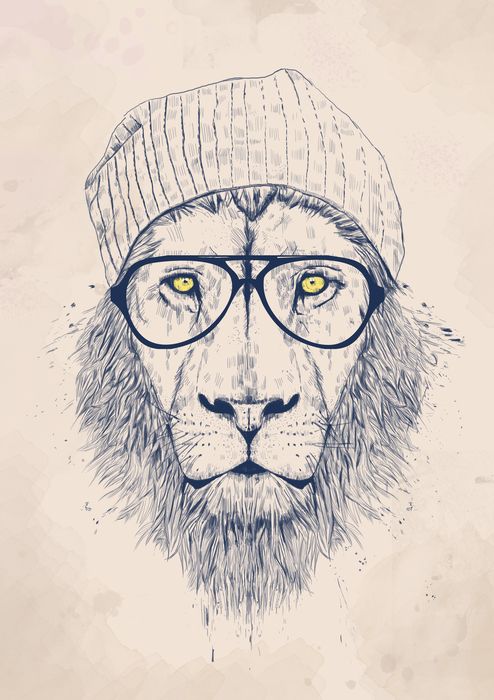 Cool hipster lion in cap and glasses tattoo design