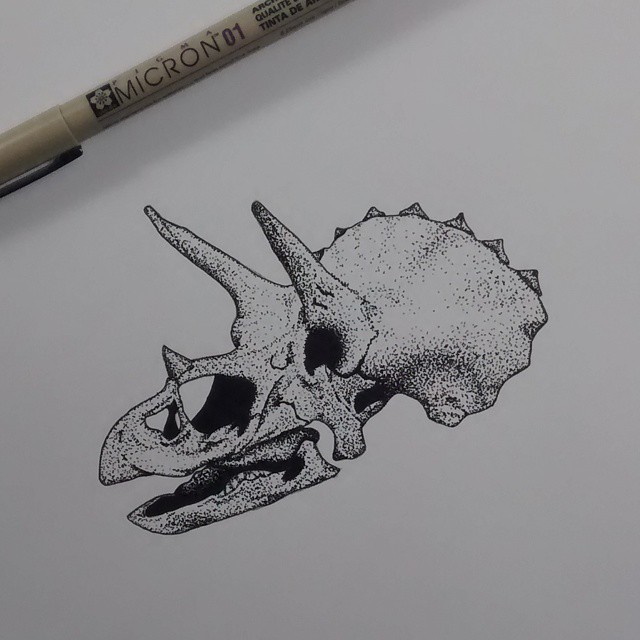 Cool horned dinosaur skull in dotwork style tattoo design
