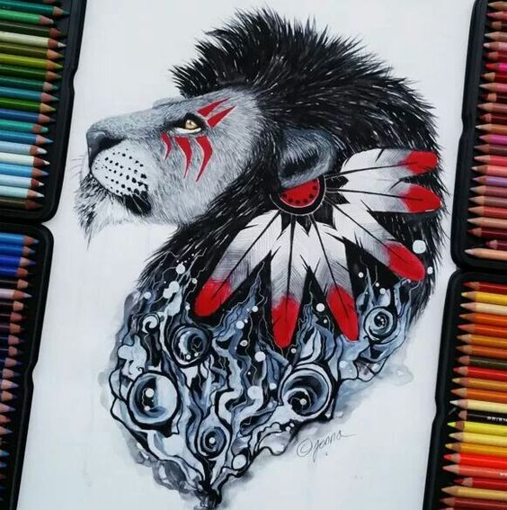 Cool indian black-and-red lion tattoo design