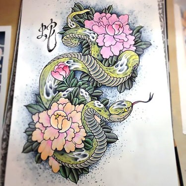 Cool japanese snake and huge peonies tattoo design
