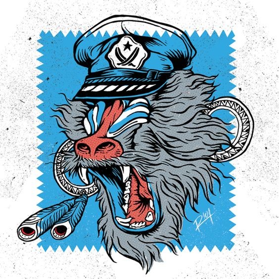 Cool marine baboon pilot in cap on blue square background tattoo design