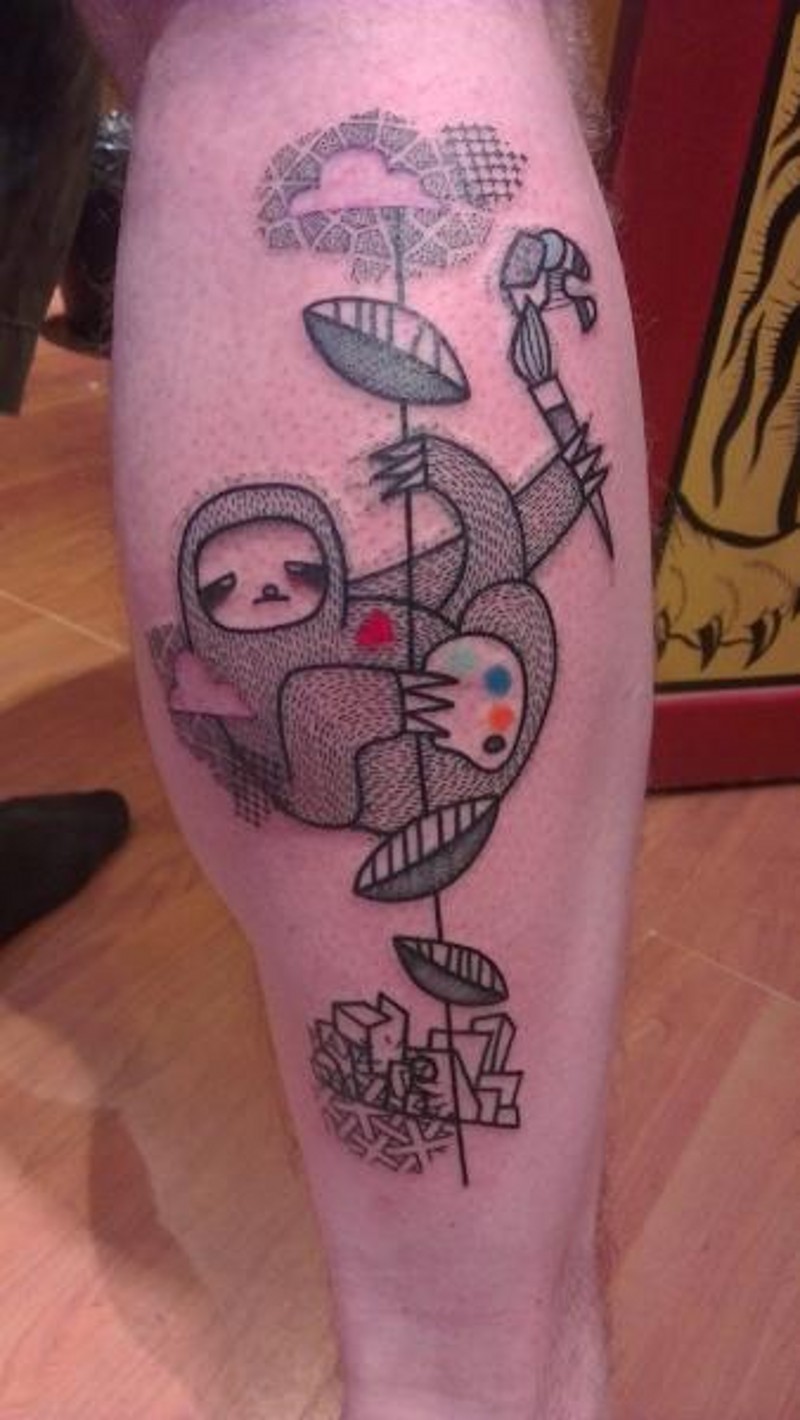 Cool old cartoons like colored sloth animal tattoo on leg