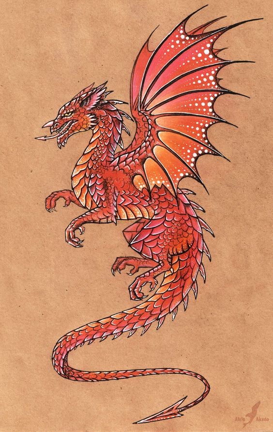 Cool orange cartoon dragon with arrow-shaped tail tattoo design