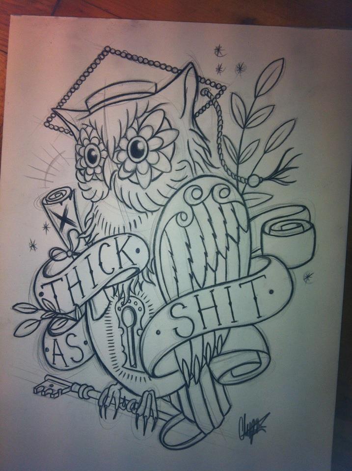 Cool owl with flowered eyed and quoted ribbon tattoo design by Itchysack