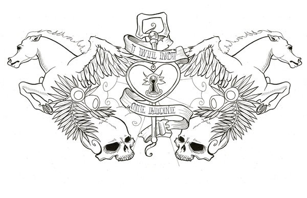 Cool pegasus with skulls and a huge kea with a heart lock tattoo design