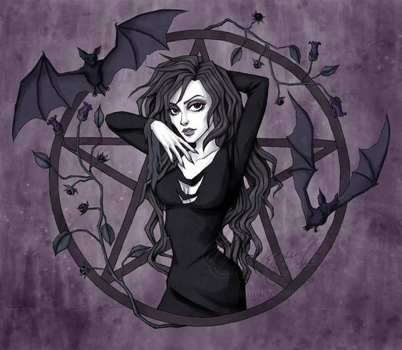 Legal mulher bonita vampiro com morcegos voando no sagrado sinal tatuagem desenho de fundo