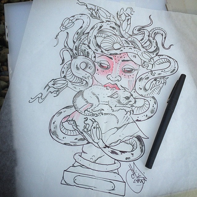 Cool red-faced medusa gorgona plinth eating a rat tattoo design