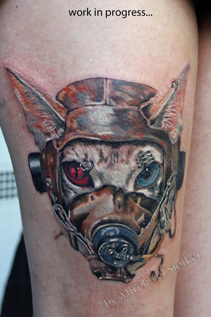 Cool reepy looking colored tattoo of cat pilot
