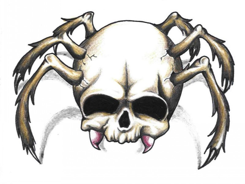 Cool skull spider with bat teeth tattoo design