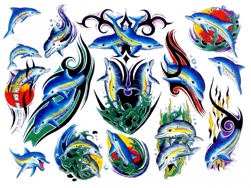 Cool traditional colorful dolphins tattoo design