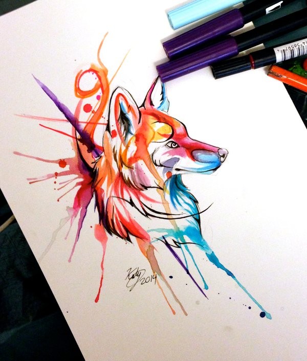 Cool watercolor fox tattoo design in smudges by Lucky978