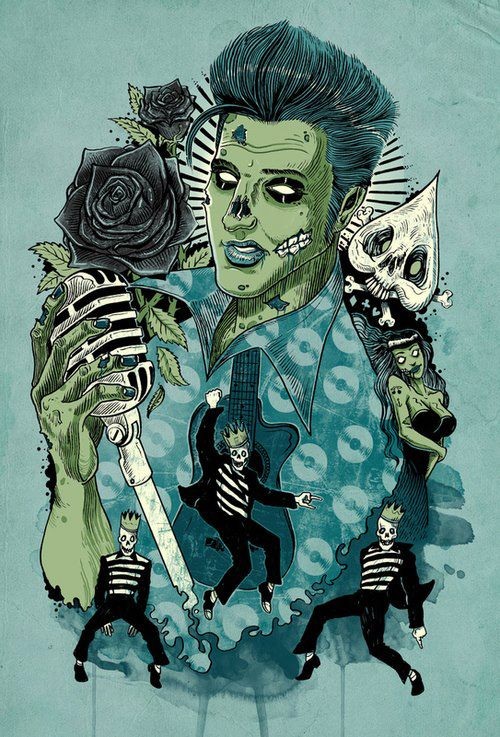 Cool zombie Elvis with dancing men and black rose flower tattoo design