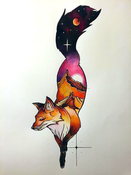 Cosmo fox with beautiful mountain view tattoo design