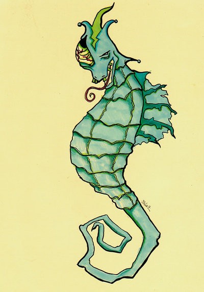 Cracked turquoise seahorse zombie tattoo design by Silentlily