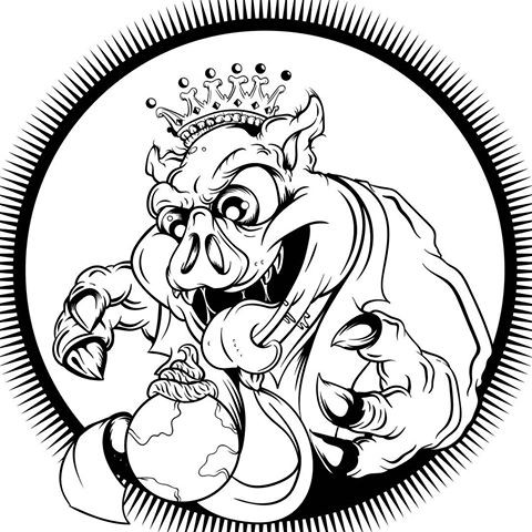 Crazy animated uncolored crowned pig wanting to catch tiny Earth tattoo design